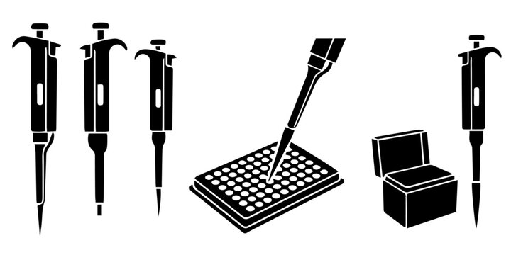 Laboratory Micropipette and Microplate Silhouette Vector Icon Set