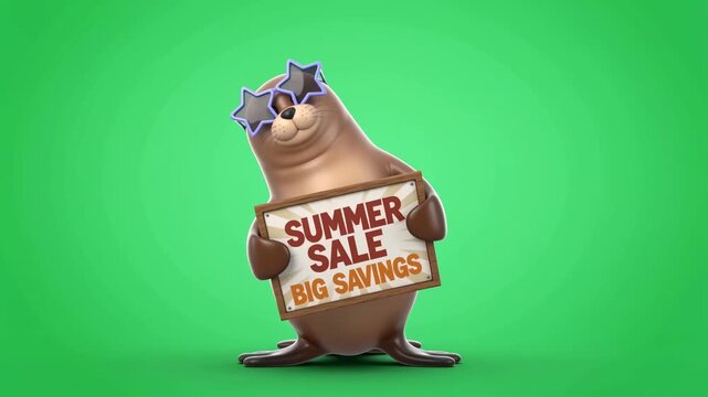 Jumping 3D Seal with Star Sunglasses Holding Summer Sale Sign