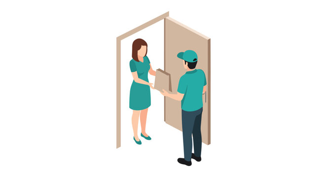 A courier in a turquoise uniform delivers a package to a woman standing in an open doorway of a minimalist building setting with a clean flat color palette.