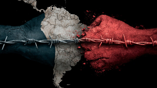 Border conflicts arise from division barbed wire separates nations flags of mexico and usa with map on black background symbolizing tension and separation
