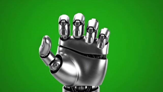 Dynamic animation of a modern robot hand opening and closing its palm, isolated on green screen.