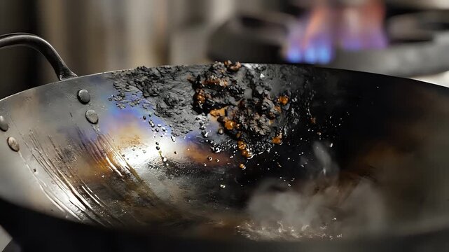 Closeup of food being cooked in a wok over an open flame.