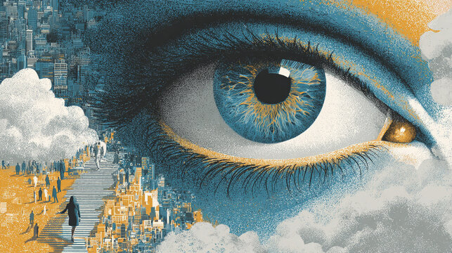Close up of a blue eye with cityscape and staircase in clouds representing technology and vision
