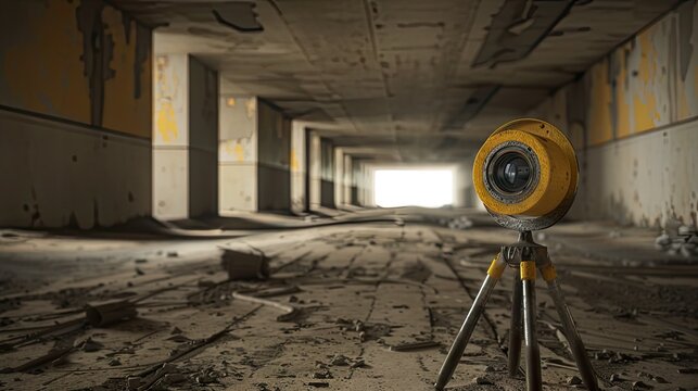 Yellow camera on tripod in abandoned building with dark flooring