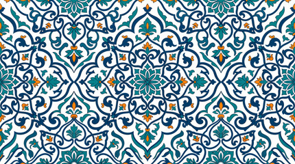 Fototapeta premium Blue and Turquoise Islamic Geometric Ceramic Tile Pattern with Floral Motifs.