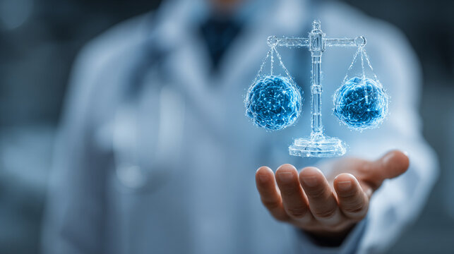 Biomedical ethics concept with glowing blue scales in a scientist's hand symbolizing balance and moral dilemmas in healthcare and research