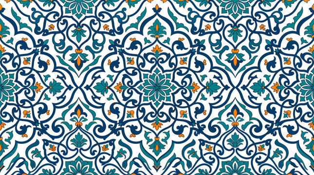 Ornamental Islamic geometric tile pattern in blue and turquoise with floral motifs.