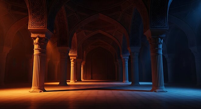 Majestic ancient mosque interior with atmospheric lighting and ornate architectural pillars