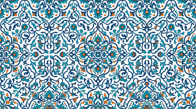 Intricate blue and turquoise ceramic tile with floral arabesque pattern and geometric medallions.