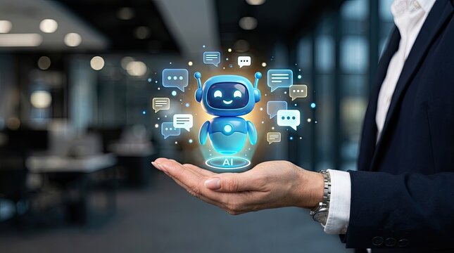 Businessman holding virtual robot with icons.