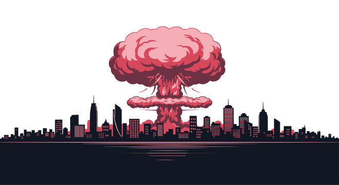 A two-tiered pink mushroom cloud erupts over a dark city skyline in this minimalist graphic illustration featuring a muted color palette on a white background.