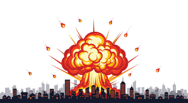 Debris falls from a giant mushroom cloud explosion above a dark city silhouette in this dynamic graphic design with orange and yellow color gradients.