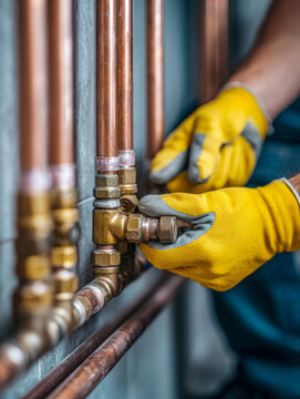 Worker wearing protective gloves assembling and tightening copper plumbing pipes and brass fittings for residential water system installation and repair