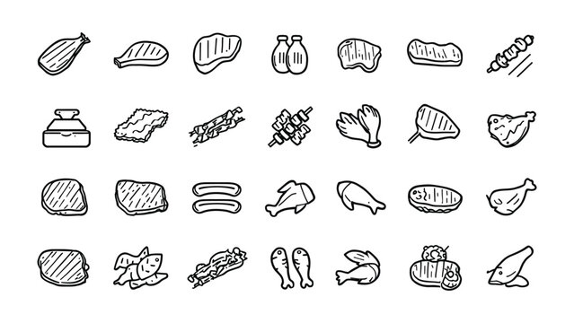 A Culinary Collection: A diverse assortment of hand-drawn icons representing various meat cuts, from steaks and roasts to poultry and skewers, presented in a clean, organized grid.