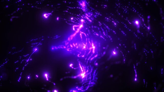 Purple glowing particle vortex with neon light trails swirling in space, abstract futuristic motion background with energy flow and cosmic depth