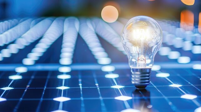 Light bulb on solar panel, harnessing suns energy