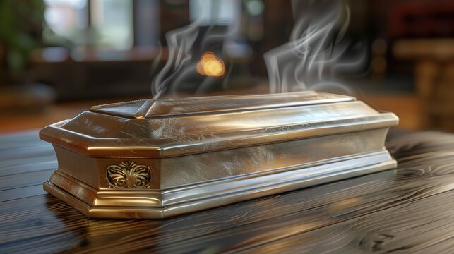 A wooden coffin with smoke rising, creating a haunting still life photography