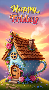 Happy Friday greeting with a cute fantasy tea cup house decorated with flowers