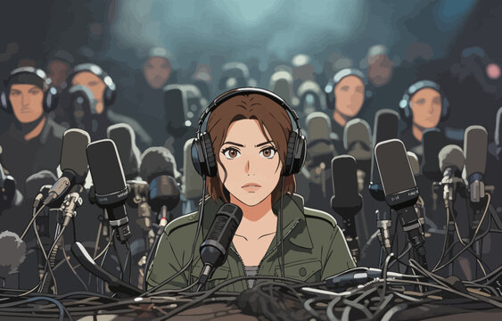 Anime female reporter at a crowded press conference