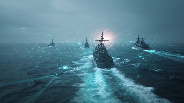 Modern naval fleet sailing on ocean with digital communication network visualization.