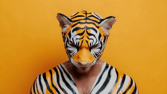 Conceptual portrait of muscular man with realistic tiger face and chest body art, fierce stare against vibrant orange background conveying wild predator power and creative fantasy character