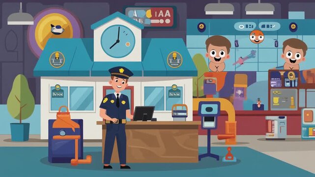 Police Officer Actively Working at a Desk in a Modern Cartoon Style Police Station Illustrating Community Law Enforcement and Public Safety