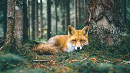Obraz premium Beautiful Wild Red Fox Lying Peacefully on Soft Green Moss at the Base of a Large Pine Tree in a Moody Evergreen Forest, Stunning Wildlife Portrait of Vulpes Vulpes Resting in its Natural Habitat