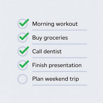 Simple checklist with five showing four completed tasks marked with green checkmarks in circles and one pending task with an empty circle against a plain light grey background