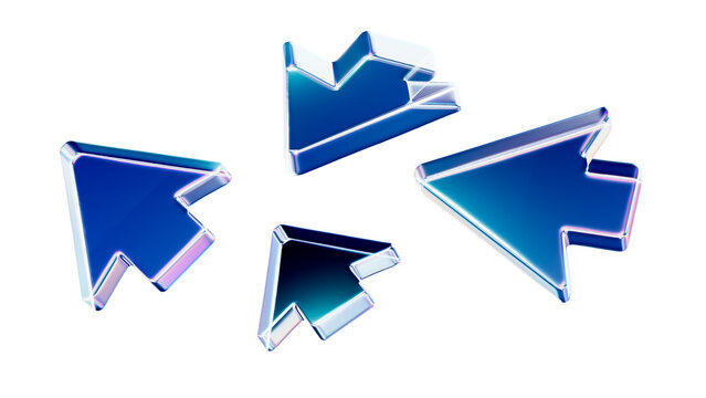 Blue arrow set. 3d iridescent arrow coin. Sleek arrow coin icon glows with chromatic dispersion