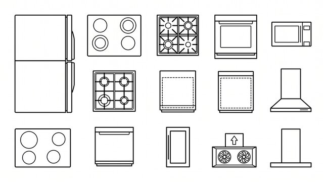 Top Down Flat Vector icons,Kitchen Appliances Elements Set, refrigerator, cook tops, oven, microwave, dishwasher, wine cooler, range hood,  2d CAD plan symbols
