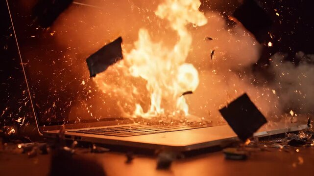 Dramatic laptop explosion with fiery debris scattering and intense smoke, slow motion, symbolizing technological failure, corporate disaster, or cybersecurity breach, for dramatic impact