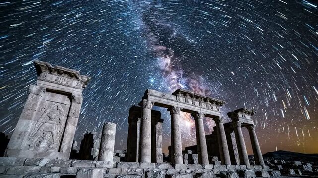 Ancient Persepolis Ruins Under a Starry Night Sky with Star Trails.