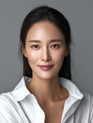 Obraz premium Beautiful Korean woman with smooth skin, long black hair, white shirt, natural makeup, confident smile, studio portrait, soft lighting