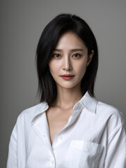 Fototapeta premium Beautiful Korean woman with straight black hair, white shirt, natural makeup, confident expression, studio portrait, soft lighting