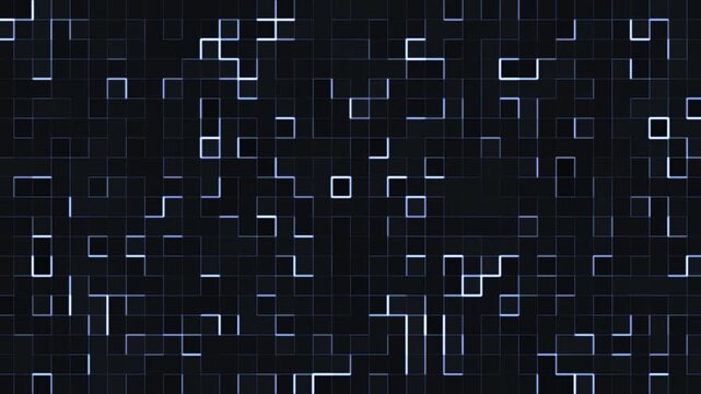 Abstract blue square grid with glowing lines and shifting geometry, futuristic digital background with motion, data structure, and tech pattern