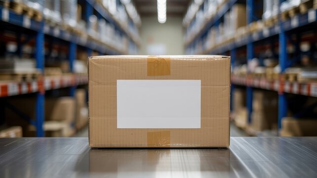 Single cardboard shipping box with blank white identification label on metal table in warehouse
