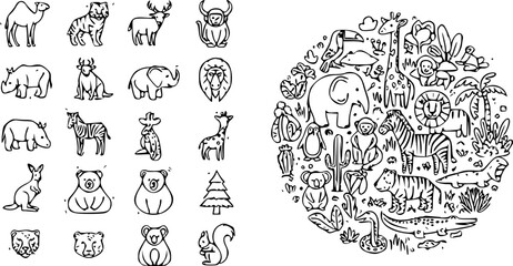 Naklejka premium Hand drawn wild animal icons collection with decorative jungle safari scene featuring giraffe elephant zebra and tropical elements vector illustration