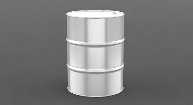 Shiny silver metal oil drum container standing upright for storage and industrial logistics transport. 55 gallon