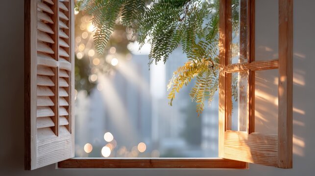 Sunlit open wooden window with hanging fern leaves and soft bokeh light for interior background and calming wallpaper