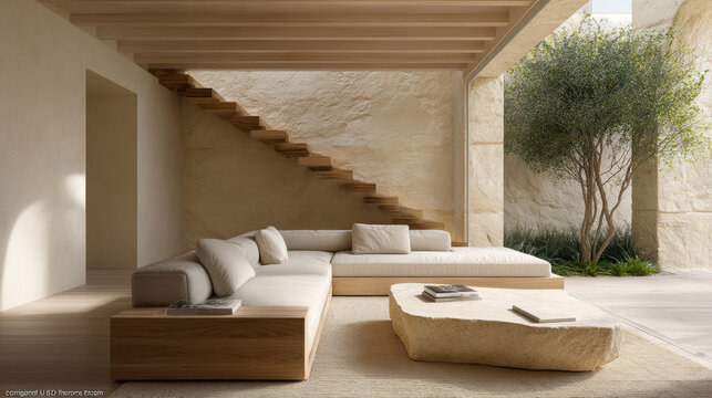 Modern minimalist living room with beige stone wall, wooden staircase, large sectional sofa, stone coffee table, and indoor tree, natural light