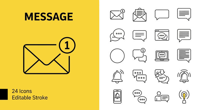 Set of Editable Stroke Icons for Messaging and Communication, Featuring Envelopes, Chat Bubbles, and Notifications