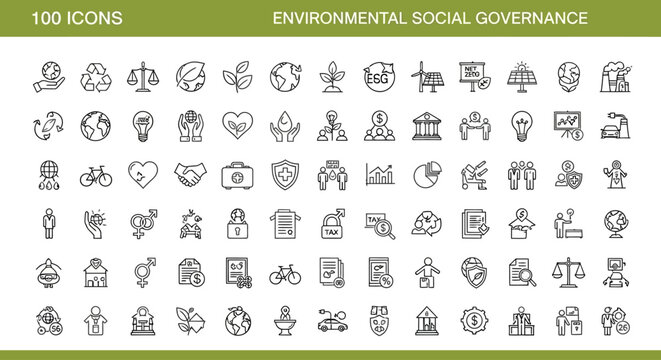 A curated collection of modern vector line icons showcasing Environmental, Social, and Governance (ESG) principles for sustainable business and ethical practices