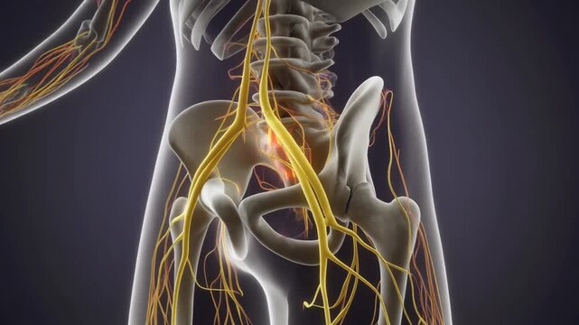 Dynamic human nervous system showing sciatic nerve pathways with pulsating light in pelvic region, medical animation, representing pain and nerve