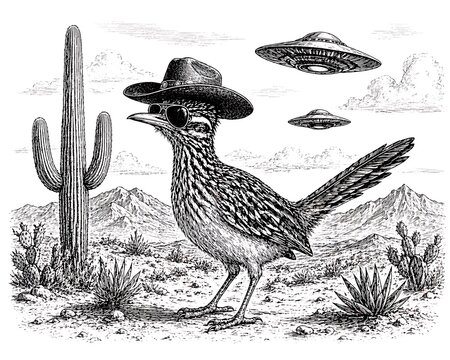 Engraving of a roadrunner wearing a hat and sunglasses with cacti and ufo s