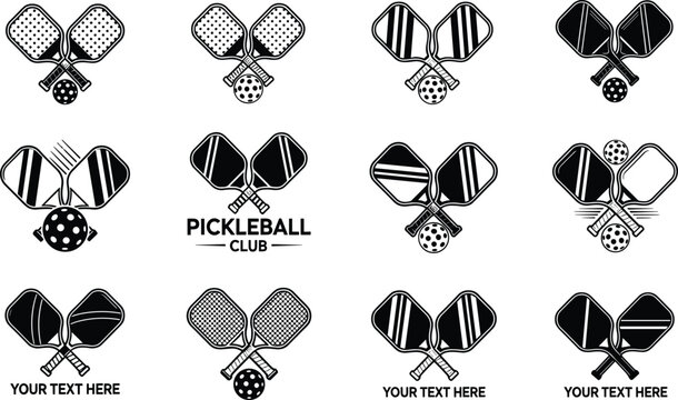 Set of Pickleball Club Badges and Minimalist Logos Featuring Crossed Paddles and Wiffle Balls for Sports Branding and Tournament Graphic Design