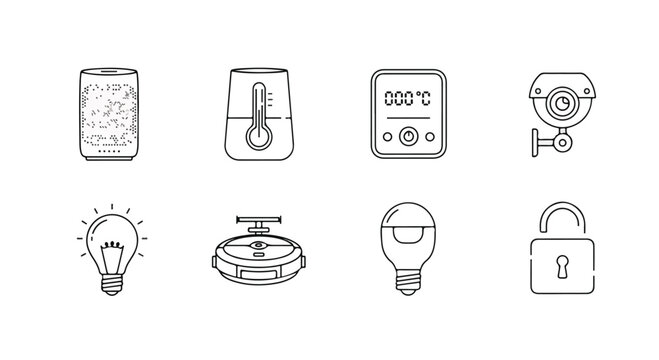 Smart Home and IoT Line Icon Set including Robot Vacuum, Security Camera, and Smart Lock Vector