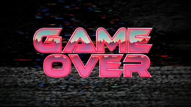 "game over" retro pixel art text in neon red/orange on vintage crt screen, violently glitching with static and chromatic aberration against a black background, concept of digital disruption