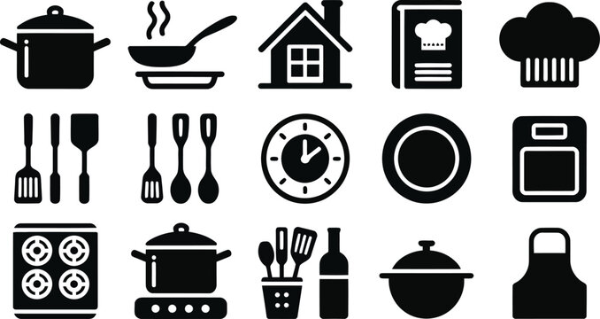 Collection of kitchen and cooking equipment icons for home culinary arts and restaurant meal preparation