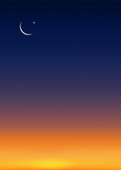 Fototapeta premium Crescent moon and starry night sky background for Ramadan Eid celebration. Blue to orange gradient atmosphere, peaceful Islamic scene,Vector illustration for banner, greeting and religious design