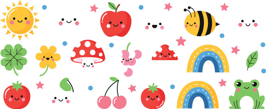 Cute nature elements set sun rainbow fruits mushrooms bee and frog cartoon characters colorful vector illustration collection